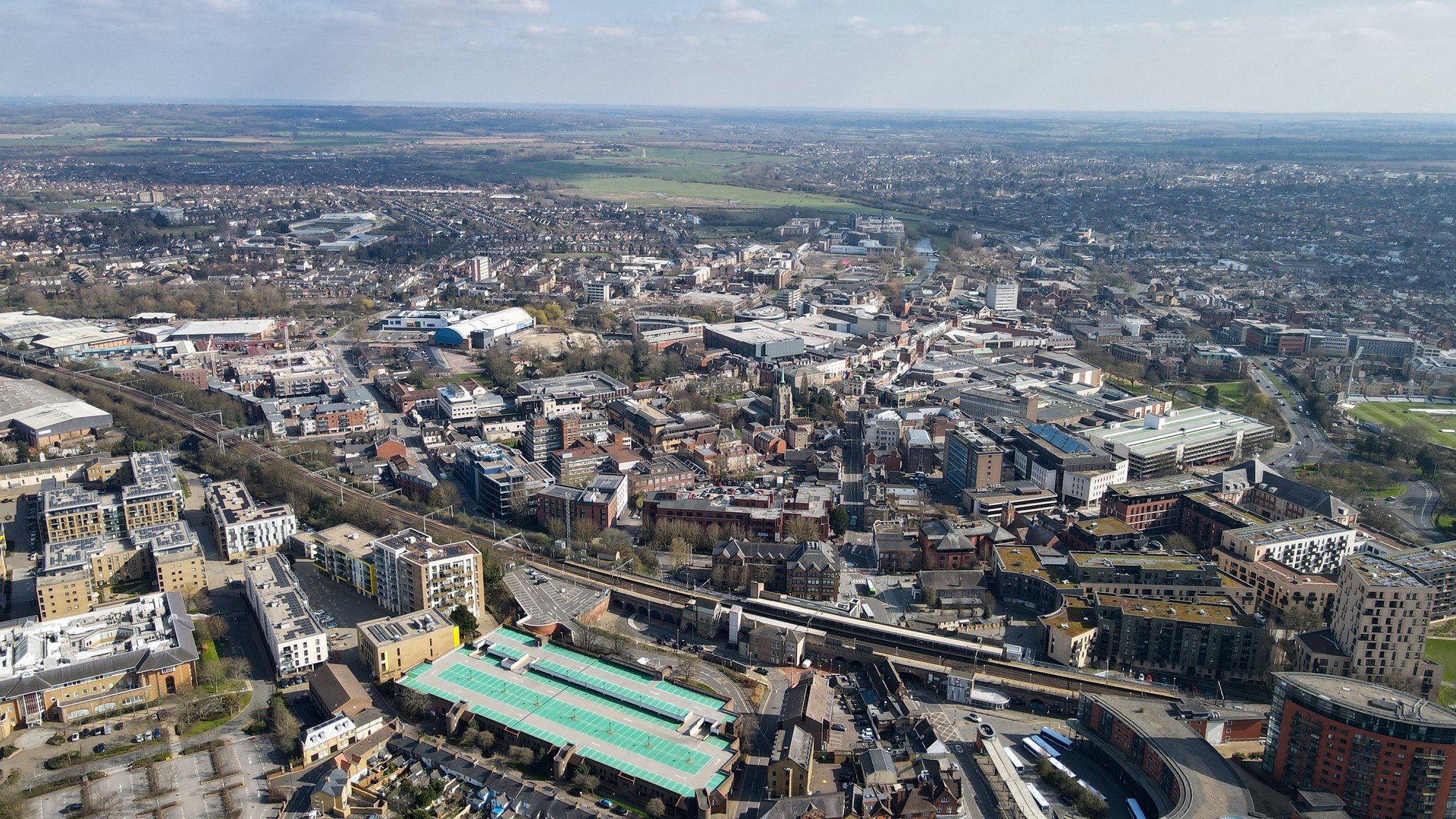 Chelmsford city centre Essex UK Drone, Aerial, view from air, birds eye view,