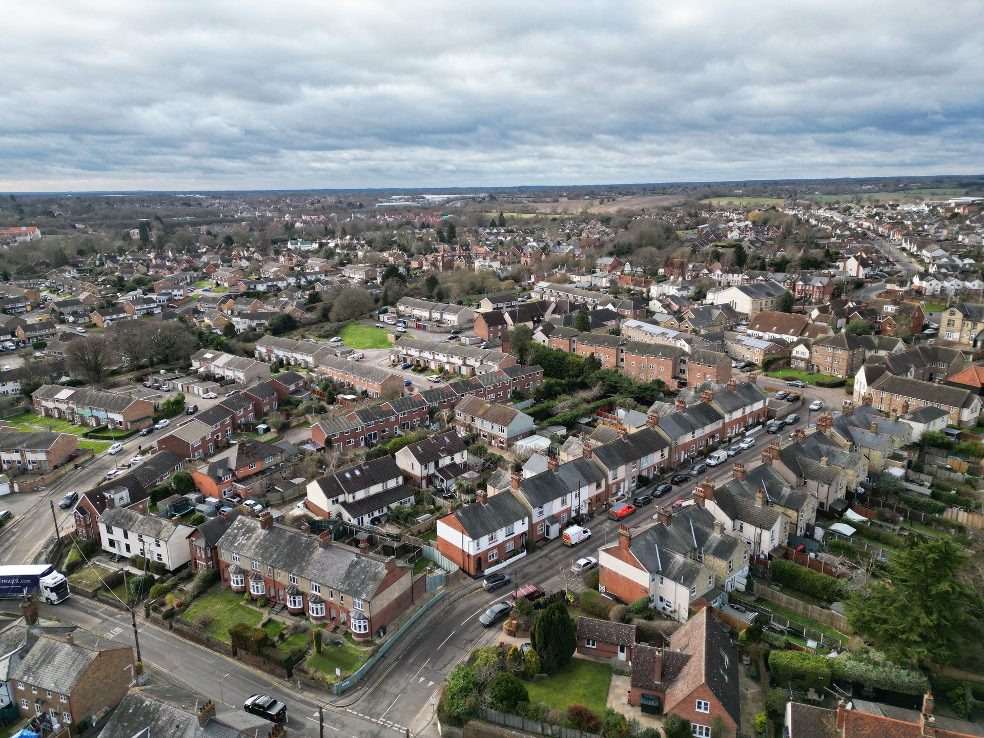 Housing  streets and roads Braintree Essex UK Drone, Aerial, view from air, birds eye view,